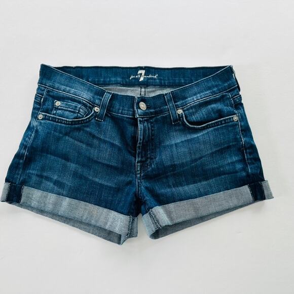 7FAMK Denim Cuffed Jean Shorts Size 28 Medium Dark Blue Wash 3" Inseam Cheeky - Picture 1 of 5